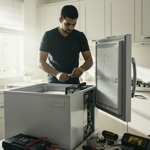 فني صيانة ديب فريزر دايو المُعتمد يُجري إصلاحًا باستخدام قطع غيار أصلية وأدوات متخصصة، مع ظهور رقم الخط الساخن دايو 19224 لطلب خدمة صيانة فورية في جميع أنحاء مصر.