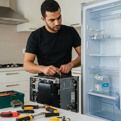 فني صيانة ثلاجات دايو المُعتمد يُجري إصلاحًا لثلاجة باستخدام قطع غيار أصلية وأدوات احترافية، مع ظهور رقم الخط الساخن دايو 19224 لطلب خدمة صيانة سريعة وآمنة في جميع أنحاء مصر.