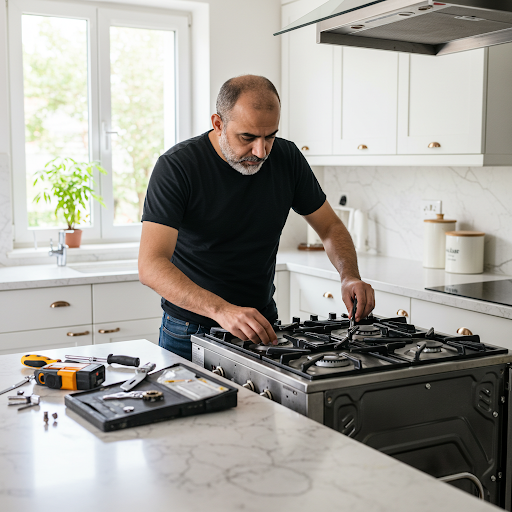 فني صيانة بوتاجازات دايو المُعتمد يُصلح عطلًا باستخدام قطع غيار أصلية، مع ظهور رقم الخط الساخن دايو 19224 لطلب خدمة صيانة سريعة وآمنة في مصر.