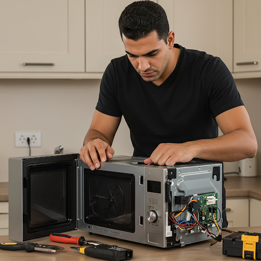 فني صيانة ميكروويف دايو المُعتمد يُجري إصلاحًا دقيقًا باستخدام قطع غيار أصلية وأدوات احترافية، مع ظهور رقم الخط الساخن دايو 19224 لطلب خدمة صيانة سريعة وآمنة في جميع أنحاء مصر.