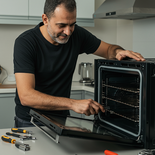 فني صيانة افران دايو المُعتمد يُجري إصلاحًا لفرن مطبخي باستخدام قطع غيار أصلية، مع ظهور رقم الخط الساخن دايو 19224 لطلب خدمة صيانة فورية في جميع أنحاء مصر.