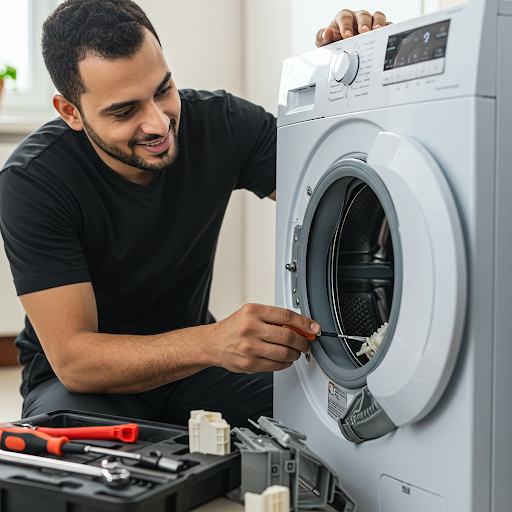 فني صيانة غسالات دايو المُعتمد يُجري إصلاحًا دقيقًا باستخدام قطع غيار أصلية، مع ظهور رقم الخط الساخن دايو 19224 لطلب خدمة سريعة في مصر.